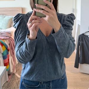 Long sleeve v neck blouse with ruffle shoulders